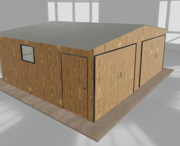 Garaż blaszany dwustanowiskowy 6x5 m – Dach dwuspadowy, Brama dwuskrzydłowa, Drewnopodobny