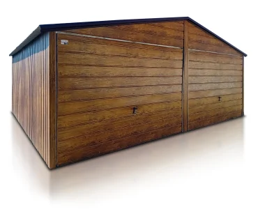 Garaż blaszany dwustanowiskowy 6x5 m – Dach dwuspadowy, Brama uchylna, Drewnopodobny - model 4