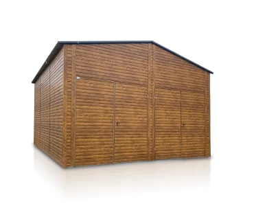 Hala blaszana 6.5x6 m – Dach dwuspadowy, Brama dwuskrzydłowa, Drewnopodobny