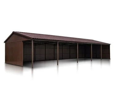 Garaż blaszany 30x8 m – Dach dwuspadowy, Ciemny Brąz
