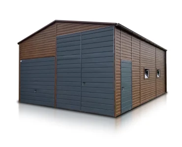 Hala blaszana 6x8 m – Dach dwuspadowy, Brama uchylna, Drewnopodobny