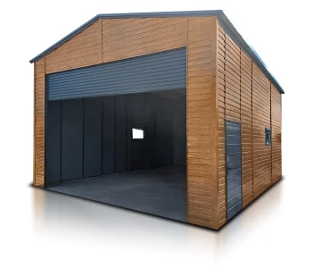 Hala blaszana 6x8 m – Dach dwuspadowy, Brama rolowana, Drewnopodobny