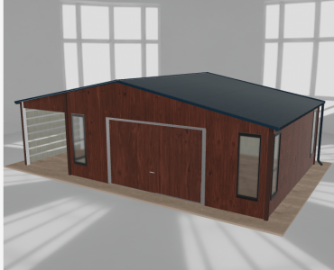 Garaż blaszany 6x5m z pomieszczeniem gospodarczym i wiatą Ciemny orzech - model 2