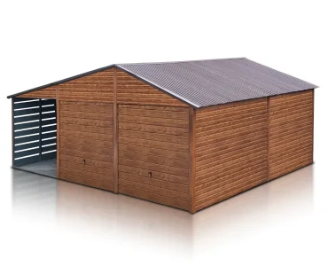 Mobilgarázs 6x5,5 m, kétállásos, nyeregtetős, billenő kapu, fautánzatú, 3 m előtető