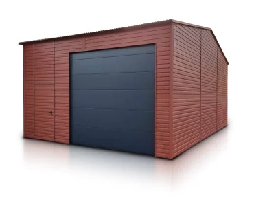 Lemezcsarnok 6x8,5 m, nyeregtetős, szekcionált kapu, világosbarna