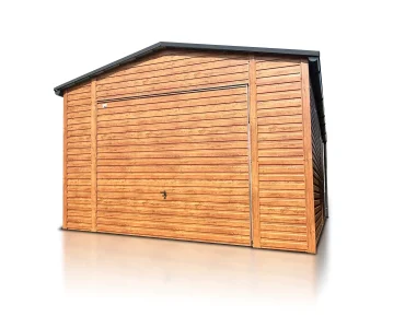 Mobilgarázs 4,5x5 m, nyeregtetős, billenő kapu, fautánzatú