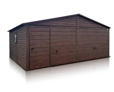 Mobilgarázs 6x6 m, kétállásos, nyeregtetős, billenő kapu, sötétbarna – Modell 2