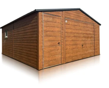 Mobilgarázs 5x5 m, nyeregtetős, billenő kapu, fautánzatú – Modell 2