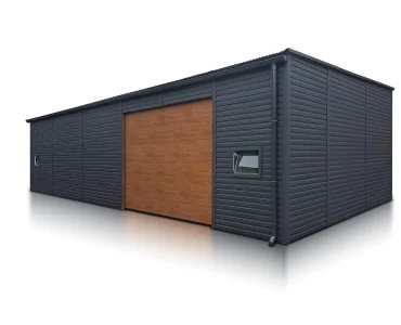 Mobilgarázs 12x6 m, féltetős, szekcionált kapu, fautánzatú grafit
