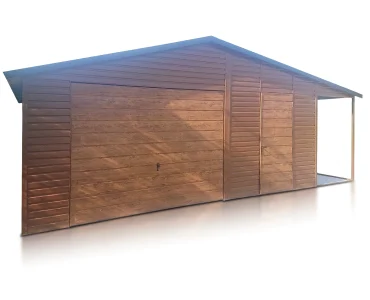 Mobilgarázs 6x5 m, nyeregtetős, billenő kapu, fautánzatú – Modell 3