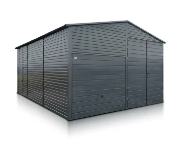 Lemezcsarnok 6x8 m, nyeregtetős, billenő kapu, grafit – Modell 2