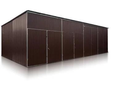 Lemezcsarnok 12x6 m, féltetős, kétszárnyú kapu, sötétbarna