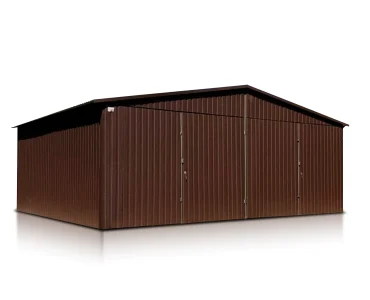 Mobilgarázs 6x5 m, kétállásos, nyeregtetős, kétszárnyú kapu, sötétbarna