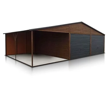 Mobilgarázs 6x5 m, kétállásos, nyeregtetős, billenő kapu, fautánzatú, 3 m előtető